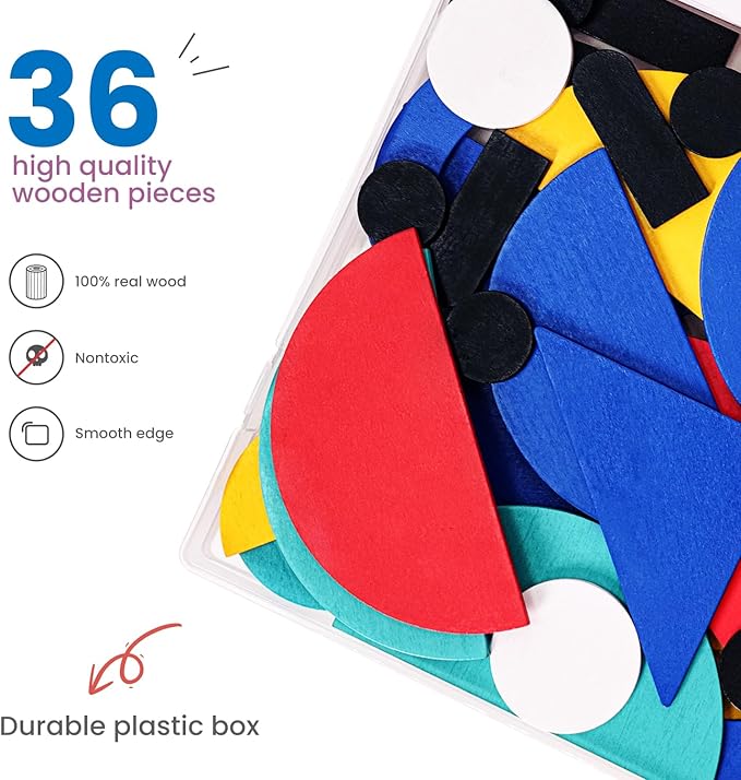 LiKee Open Ended Wooden Shape Puzzles (36 Blocks&60 Cards) for Toddlers 3+ Years Old, Montessori Development Toys Preschool Education Activity Travel Toy Board Games for Kids 4-8 Yrs