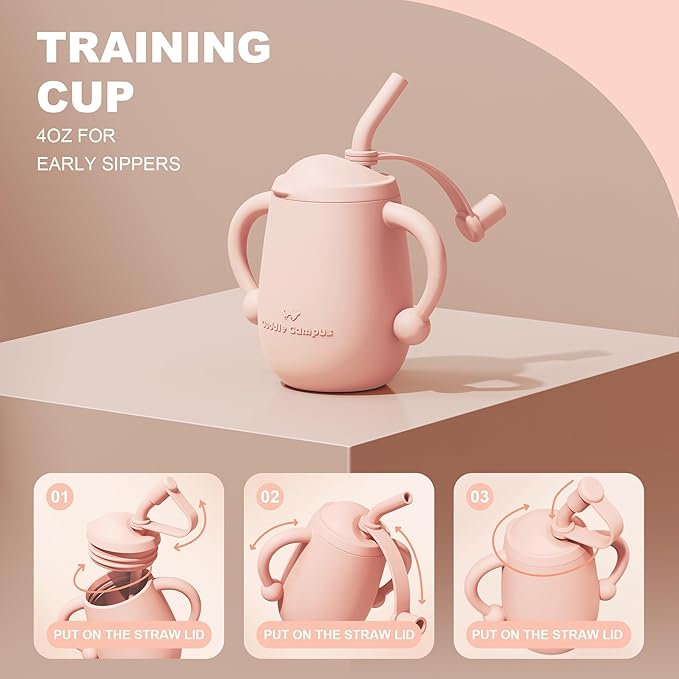 Cuddle Campus Pack of 2 Silicone Baby Training Cup, Shatterproof Toddler Sippy Cups with Straw, Open Cup for Baby, 6+ Months 5 Oz