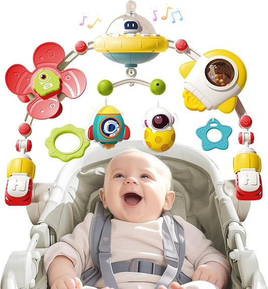 Musical Baby Stroller Arch Toys, Travel Car Seat Toys, Baby Play Arch Crib Accessory Toys, Mobile for Bassinet, Pram Activity Arch Bar Toys for Babies Infants, red
