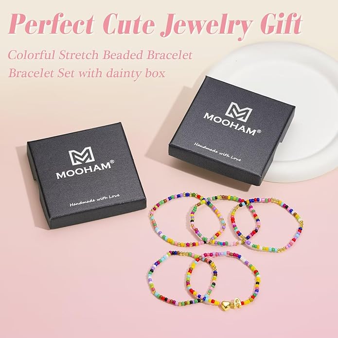 M MOOHAM Stocking Stuffers for Kids Girls Teen - 5PCS Colorful Beaded Initial Bracelets for Women Girls, Cute Stretch Heart Letter Bohemian Stackable Bracelet Birthday Gifts Jewelry for Kids Teen Girl