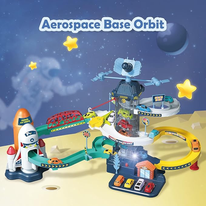 RedCrab Car Race Track Elevator for Boys, Kids Space Car Ramp Climbing Hills Parking Adventure Playset,Satellite Cars Garage Track with Electric Elevator Toy for Children