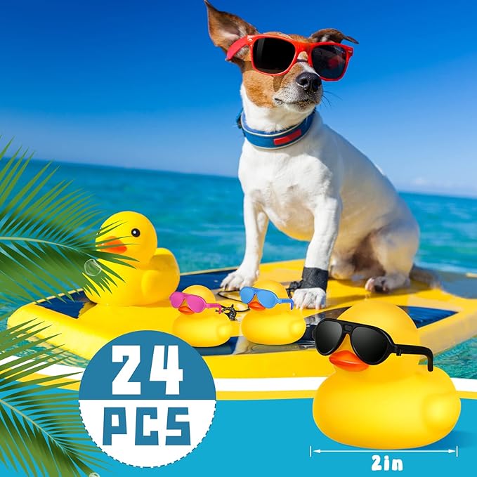 24 Pcs Mini Rubber Ducks with Sunglasses, Rubber Ducks in Bulk Valentine Bathtub Toys for Cruise Valentines Kids Classroom Gift Exchange(Eyeglasses,Yellow, Blue, Pink, Black)
