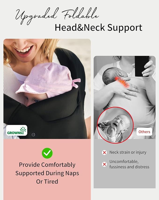 GROWNSY Baby Carrier Newborn to Toddler, Cozy Baby Wraps Carrier, Ergonomic Baby Carrier with Head Support, Black
