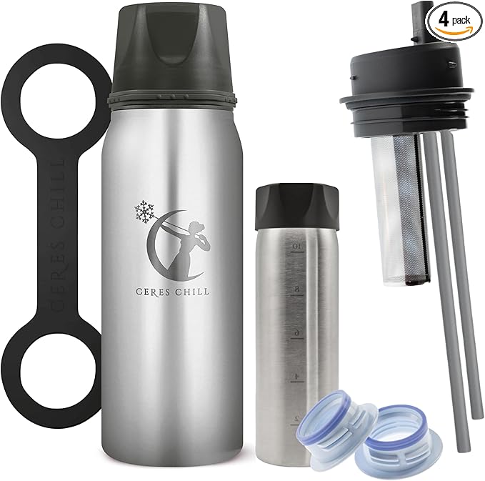 CERES CHILL OG Breastmilk Chiller Bundle with Straw Lid & Infuser – 12–34oz Portable Breast Milk Cooler & 2 Storage Bottles with Universal Pump Adapters – Color, Per My Last Email Steel