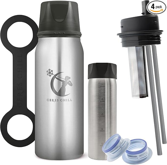 CERES CHILL OG Breastmilk Chiller Bundle with Straw Lid & Infuser – 12–34oz Portable Breast Milk Cooler & 2 Storage Bottles with Universal Pump Adapters – Color, Per My Last Email Steel
