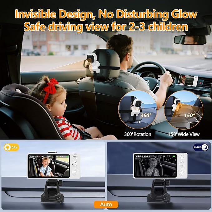 Wireless Baby Car Camera 5”HD 1080P IPS Anti-Glare Screen USB Powered,Temperature Alert, Clear Night Vision & VOX Mode,360° Rotatable Rear Facing Monitor Baby Essentials Shower Gifts for Home Pets