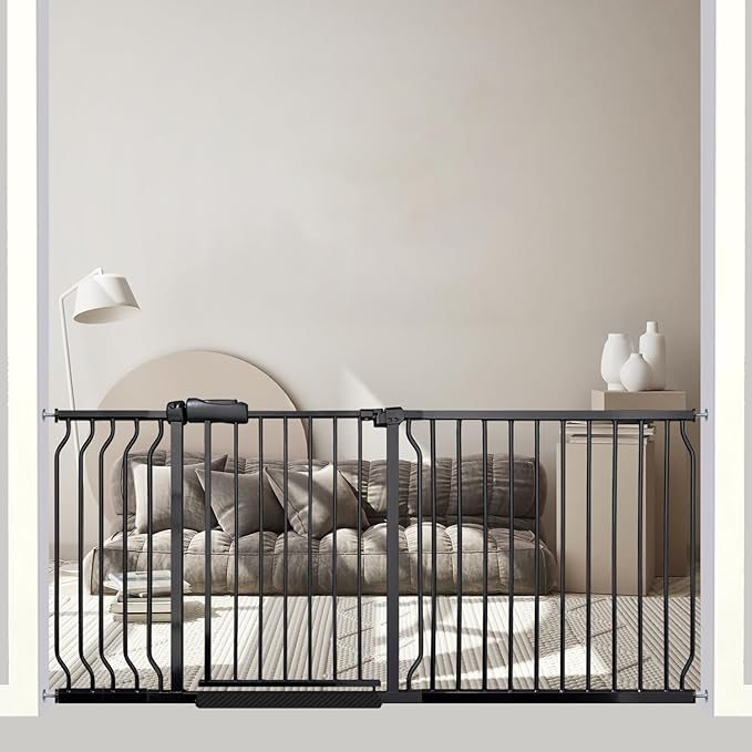 67-71.5 Inch Extra Wide Baby Gate, Pressure Mounted No Drill, Heavy-Duty Metal Safety Gate for Wide Stairs, Black with Extension Kit