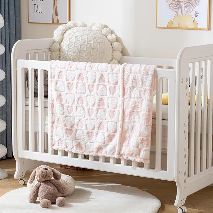 Fleece Baby Blanket for Girls 3D Checkerboard Design, Warm Cozy and Fluffy Infant Newborn Toddler Small Receiving Blankets for Crib Stroller, 30x40 Inches, LightPink