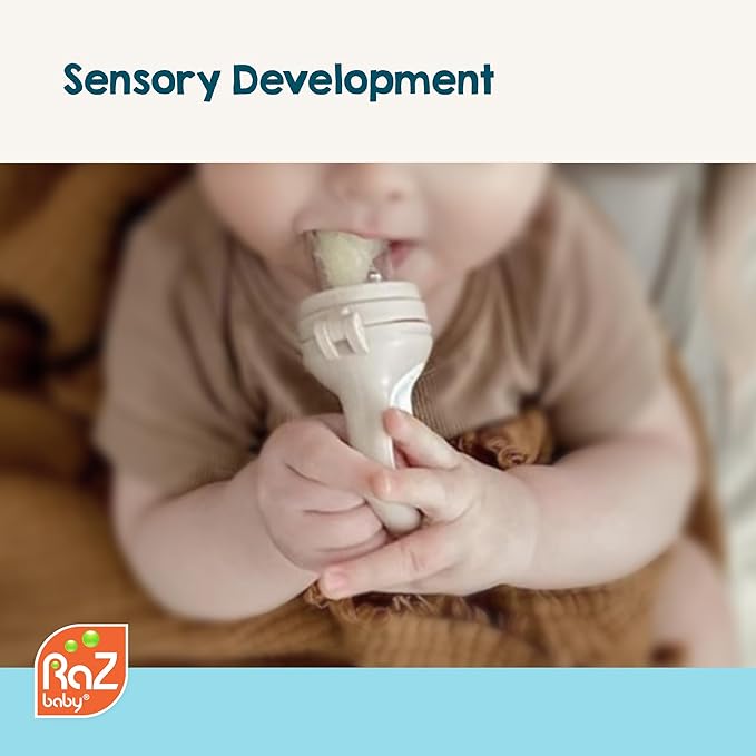 RaZbaby Baby Solids/Frozen Fruit Feeder Pacifier, Infant Teether Toy 6M+, BPA-Free Silicone Pouch & Nipple, Safely Introduce Solids, Natural Teething Relief, Dishwasher Safe, Freezable – Tan/White