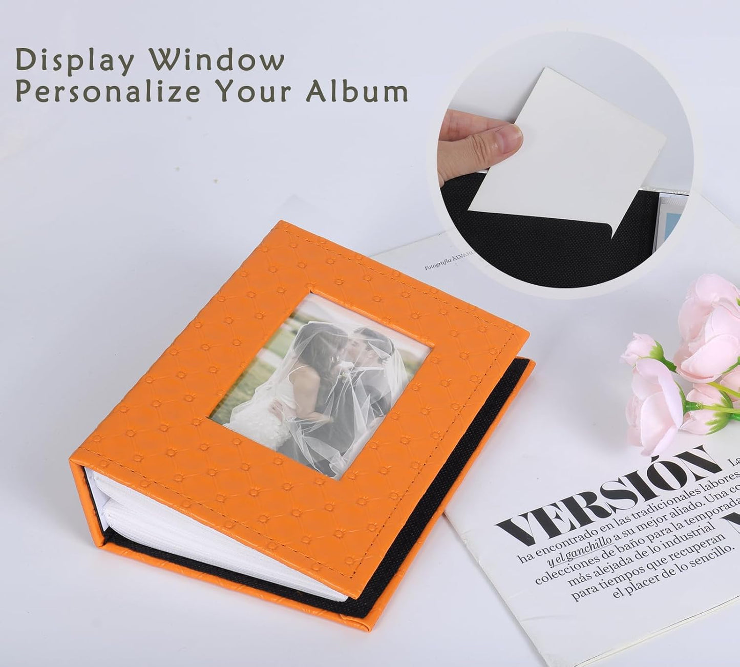 RECUTMS Photo Album 4x6 52 Photos, Small Photo BookButton Grain PU Leather Window 26-Sheet Holds 52 Pictures for Picture Album Wedding Family Baby Vacation(Orange)