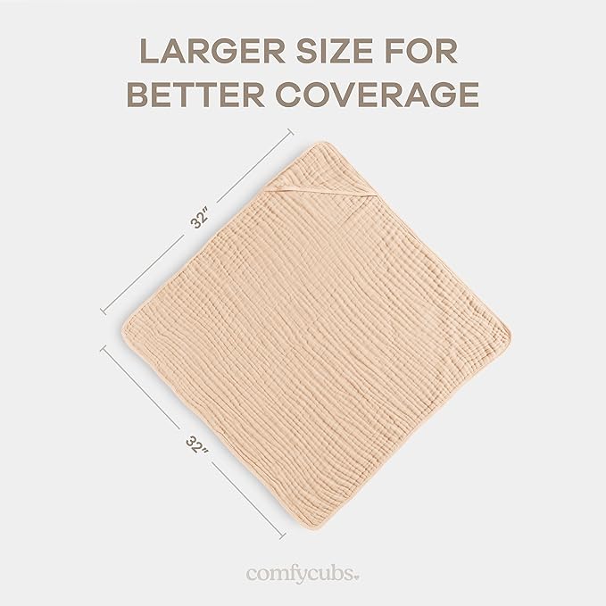 Comfy Cubs Hooded Baby Towel 1-Pack, Large 32 x 32 Inch - 6 Layer 100% Muslin Cotton for Babies, Toddlers and Kids - Soft & Absorbent Baby Bath Towels - Unisex Design for Bath Time - Cream