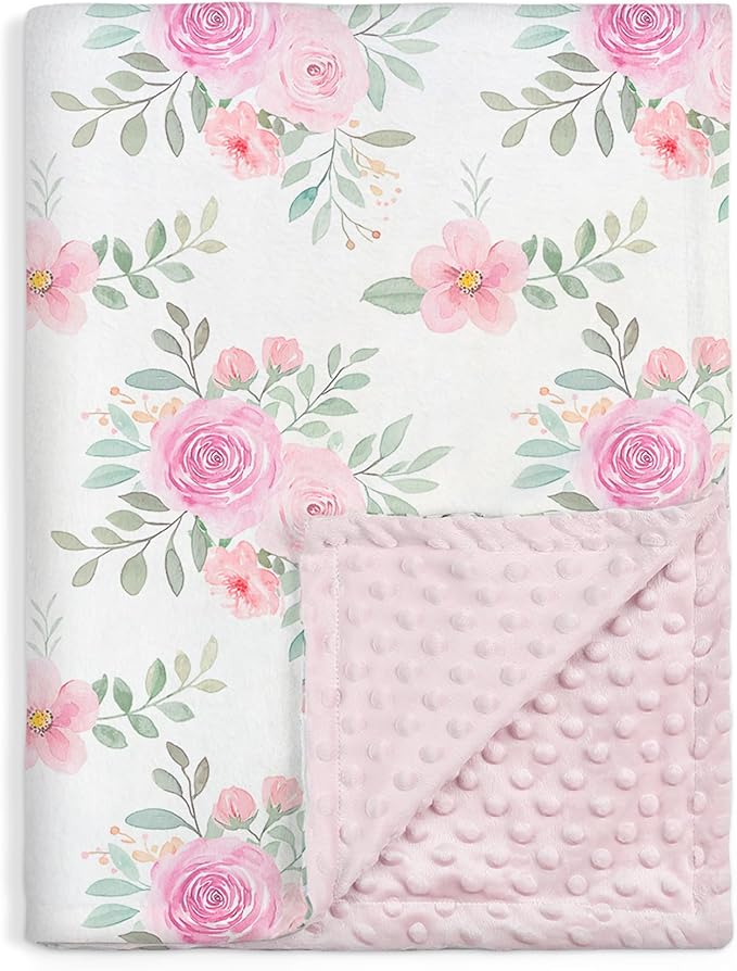 Floral Minky Baby Blanket 30 x 40 Inches for Girls, Soft Plush Receiving Blanket with Dotted Back, Gift for Newborn Infant Toddlers, Baby Shower, Christmas Birthday