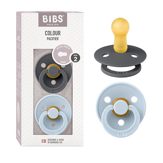 BIBS Pacifiers Colour Collection | Natural Rubber Baby Pacifier | Round Nipple | Set of 2 BPA-Free Soothers | Made in Denmark | 6+ Months (Pack of 2) | Baby Blue/Iron