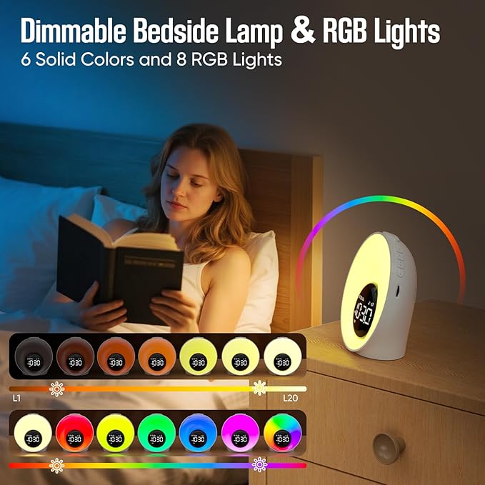 Wake Up Light Sunrise Alarm Clock, White Noise Sleep Sound Machine with 30 Soothing Sounds, Night Lights, Dual Alarms, Snooze, Timer, Bedside Lamp, Christmas Gift for Women, Kids, Heavy Sleepers