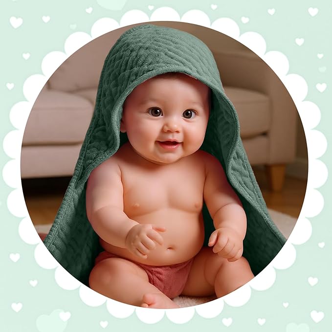 Peryiter 4 Pcs Muslin Hooded Baby Towels, 32"x 32" Cotton Newborn Bath Towel Muslin Infant Baby Blankets Absorbent Unisex Christmas Registry Gift Essentials for Girls Boys (Green Series)
