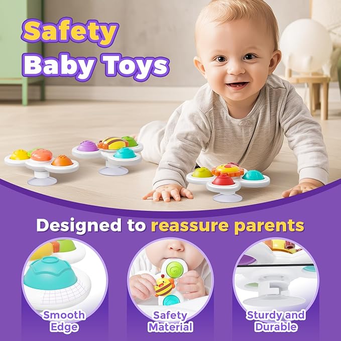 3PCS Pop Suction Cup Spinner Toys: Spinner Toys for 1 Year Old Boy Girl - Sensory Baby Bath Toy for Toddlers 1-3 -12 18 Months Boy Birthday Gift for Infant