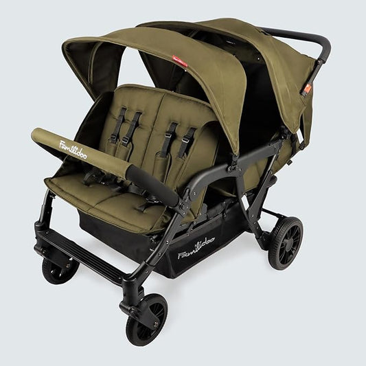 Familidoo H4E Quad Lidoo Lite 4-Seater Stroller Wagon for Kids, Lightweight & Foldable with Reclining Seats, 5-Point Harness, Double Canopy & Rain Cover (Olive)