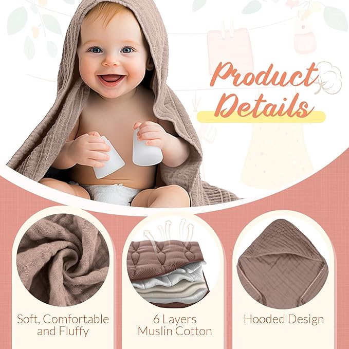 VitalCozy 8 Pcs Baby Muslin Hooded Bath Towels and Washcloths, 32 x 32 Inch Muslin Cotton Absorbent Hooded Blankets for Gift Newborn Infant Shower (Grey, Blue)