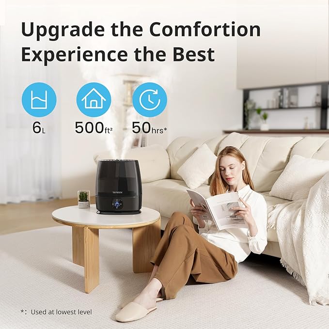Humidifiers for Bedroom Home, 6L Cool and Warm Mist Air Humidifier for Large Room Baby Nursery, 50H Easy Clean and Top Fill, Quiet with Ultrasonic, Essential Oils, Auto Mode, for House, Black