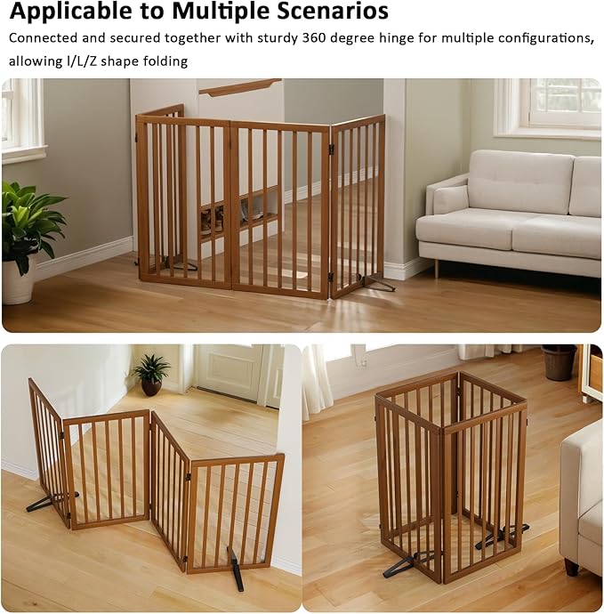 Dog Gate 32" Tall Foldable Dog Gate for Doorways Freestanding Pet Gate for Dogs Indoor (Walnut, 4 Panel)