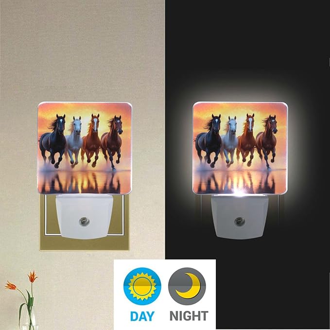 Aslsiy Night Light for Kids Horses Running Sunset Sky Plug in Wall Lamp LED Dusk to Dawn Sensor Energy Saving Nightlight for Boys Girls Men Women