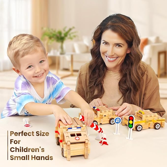 Jovi-mindly＆Notchies Space Wooden Blocks Set 101 PCS Create 40+ Shapes,Toys Educational Wooden Building Blocks Puzzles for Kids Ages 5-8 Boys and Girls,Truck/Excavator,FSC Certified