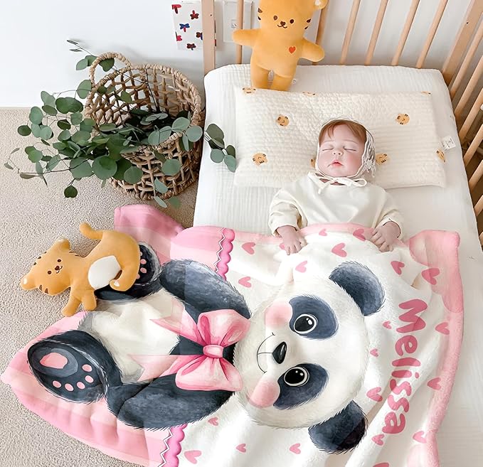 Personalized Baby Blanket for Girls, Custom Baby Blanket with Name, Soft Cozy Personalized Name Blankets for Kids, Customized Panda Blanket for Infant Toddler Birthday Christmas