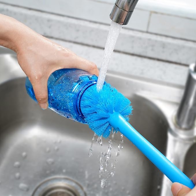 2-in-1 Water Bottle Brush and Straw Cleaner Brush, Long Handle Scrub Brush with Replaceable Head for Water Bottles, Glasswares, Mugs, Flasks, Tumblers, Vases, and Kitchen Sink, Breezy Blue