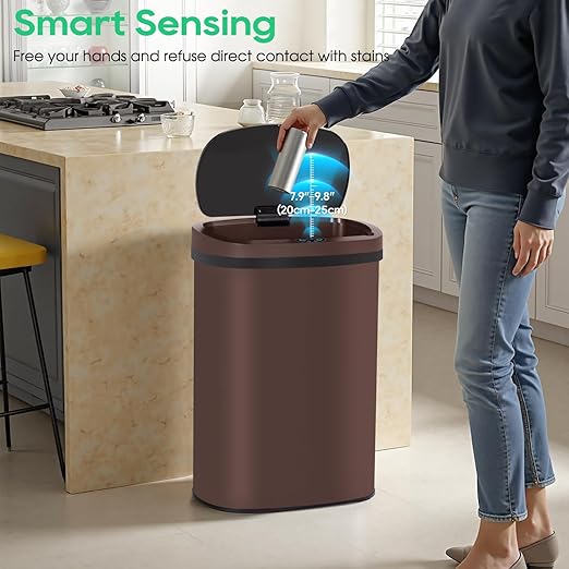 BestOffice | 13 Gallon Stainless Steel Trash Can with Lid | Brown | Automatic Touchless Garbage Can | Odor Control | Modern Oval Design | Easy to Clean | Fits Any Kitchen, Bathroom, Office or Home