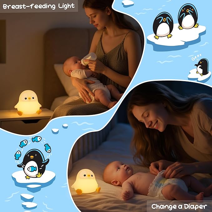 Penguin Night Light, Pudgy Penguins Squishy Nightlight for Kids, LED Silicone Night Lamp with Dimmable & 20 Auto-Off, Nursery Nightlight Stuff for Boys Girls Women