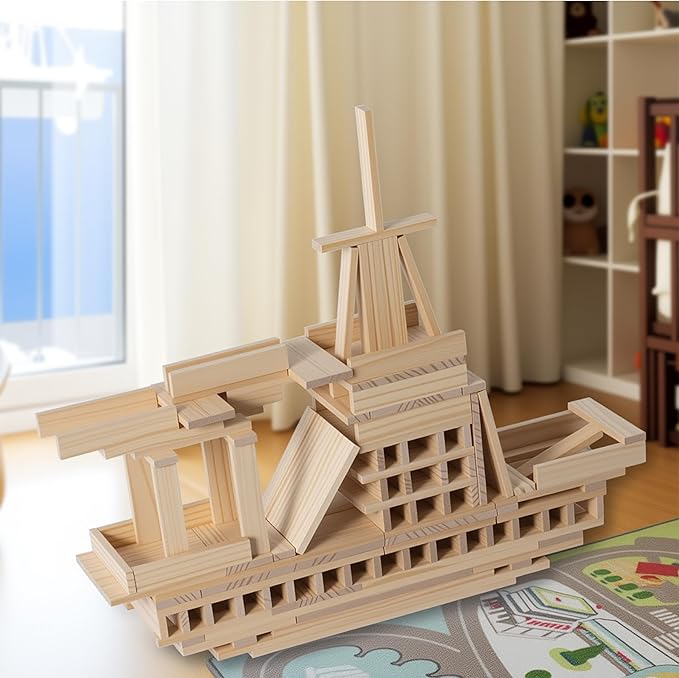 300pcs Open Ended Wooden Building Blocks for Kids 6.6lb, Natural Pine Rectangular Wood Building Toys，Construction Toys for Toddlers, STEM Building Set,Birthday Gift for Ages 3-8 (S 4.7"-Wood Color)