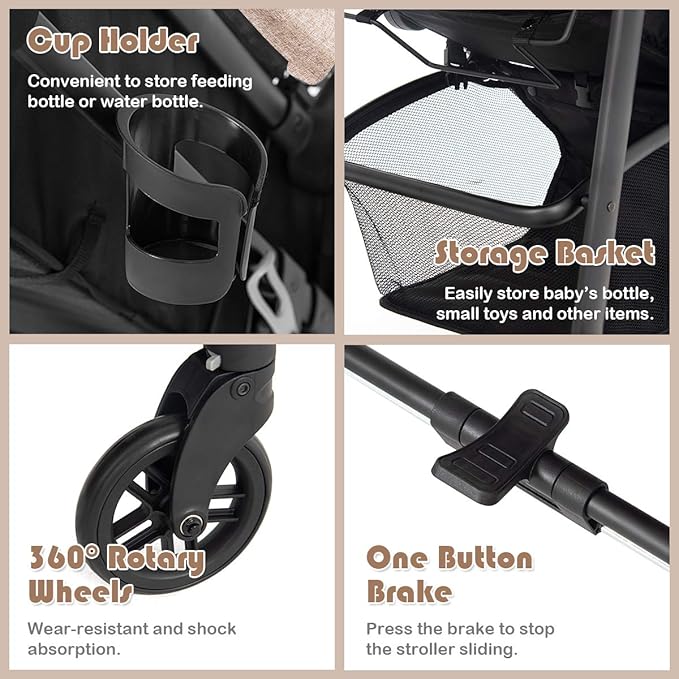 BABY JOY Baby Stroller, 2 in 1 Convertible Carriage Bassinet to Stroller, Pushchair with Foot Cover, Cup Holder, Large Storage Space, Wheels Suspension, 5-Point Harness (Light Coffee)