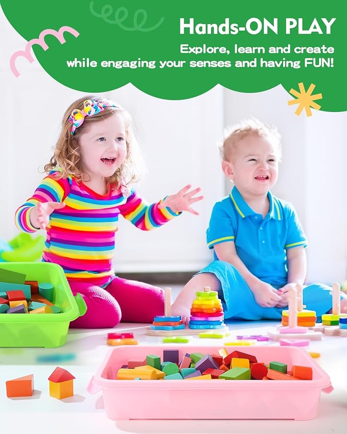 Sensory Bin Sand Tray with Lid for Toddlers 2 Pcs 15in Portable Sandbox Toy Large Plastic Tray for Kids 3 4 5 6 Fill with Sand, Water, Beads, and More (Pink + Green)