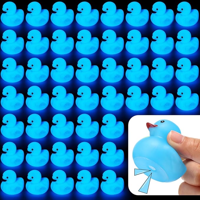 Tradder 50 Pcs 2 Inch Glow in The Dark Rubber Ducks Bulk Summer Rubber Float Ducks Light for Pool Bath Bathtub Baby Shower Autumn Halloween Christmas Party Favors Gift(Blue)