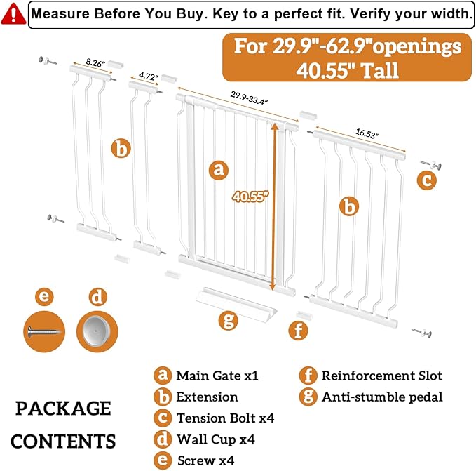 Extra Tall 40.55" Gate, 29.92-62.99" Extra Tall and Wide Dog Gate,Extra Wide Baby Gates Pressure Mounted Walk Through for Doorways,Stairs, Kitchen White