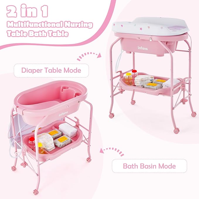 INFANS 2 in 1 Baby Changing Table with Bath Tub Unit, Folding Diaper Dresser Station with Wheels Waterproof Pad Storage Rack, Portable Nursery Organizer Stand for Newborn Infant