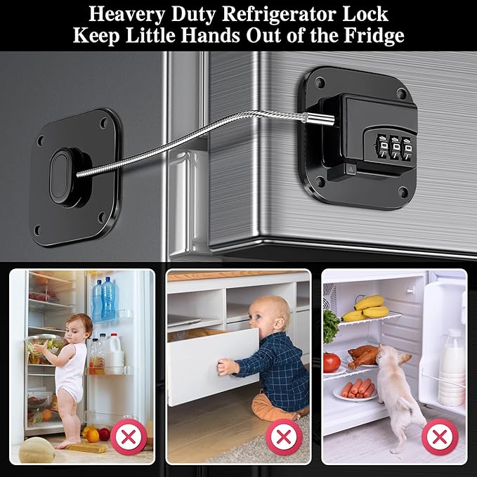 2 Pack Refrigerator Locks, Heavy Duty Fridge Lock for Child Safety Self Adhesive Combination Lock for Cabinets Window Drawers No Drilling No Keys Needed