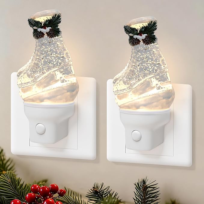 2 Pack Christmas Night Light Plug into Wall Glitter Water Nightlight with USB/Outlet Options, Christmas Ski Boots Decorative Nightlight for Bedroom Kitchen Holiday Decorations Gifts (Ski Boots)