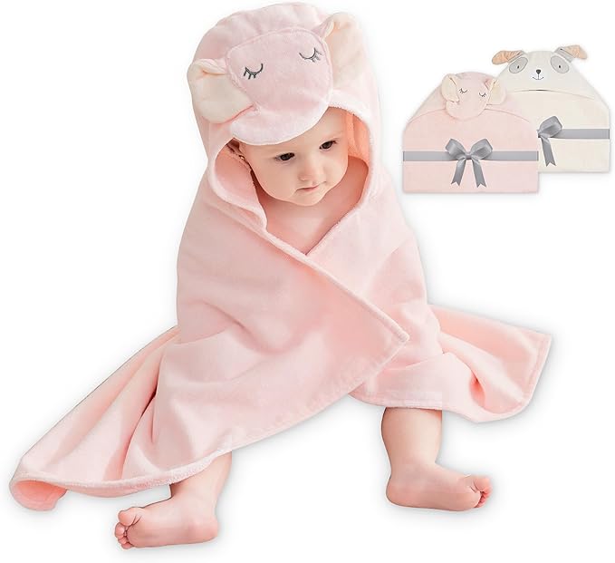 Viviland 2 Pack Hooded Baby Towels, Soft 100% Cotton Baby Bath Towels with Hood, Extra Thick and Absorbent, Essential for Newborns, Kids, Infants - Girls and Boys (Pink Elephant & Dog)