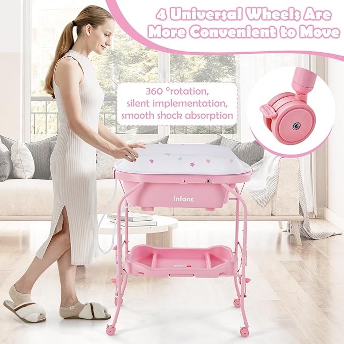 INFANS 2 in 1 Baby Changing Table with Bath Tub Unit, Folding Diaper Dresser Station with Wheels Waterproof Pad Storage Rack, Portable Nursery Organizer Stand for Newborn Infant