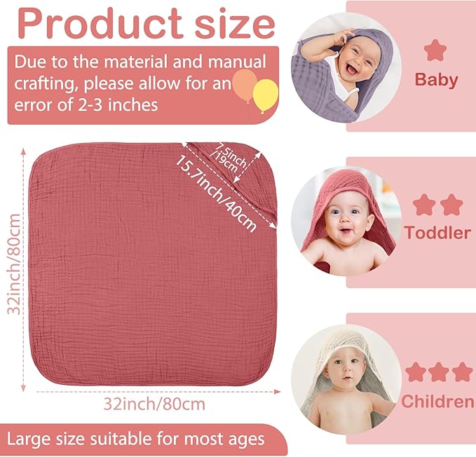 Peryiter 6 Pcs Muslin Hooded Baby Towels, 32"x 32" Cotton Newborn Bath Towel Muslin Infant Baby Blankets Absorbent Unisex Newborn Registry Gift Essentials for Girls Boys (Brown Series)