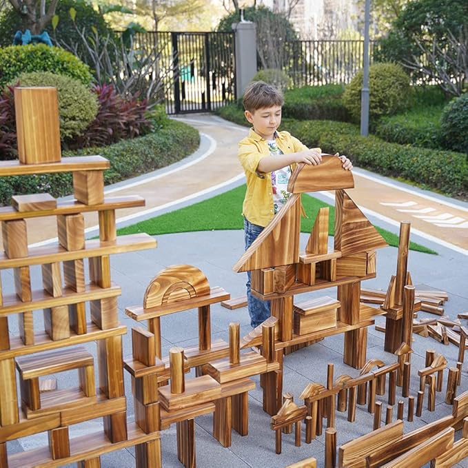 Large Vintage Solid Carbonized Wooden Building Blocks Set for Kids 3-12 Outdoor(67pcs,18.7 lbs), Big Sensory Wood Building Toys for Toddlers, Jumble Outside Wooden Blocks for Preschool