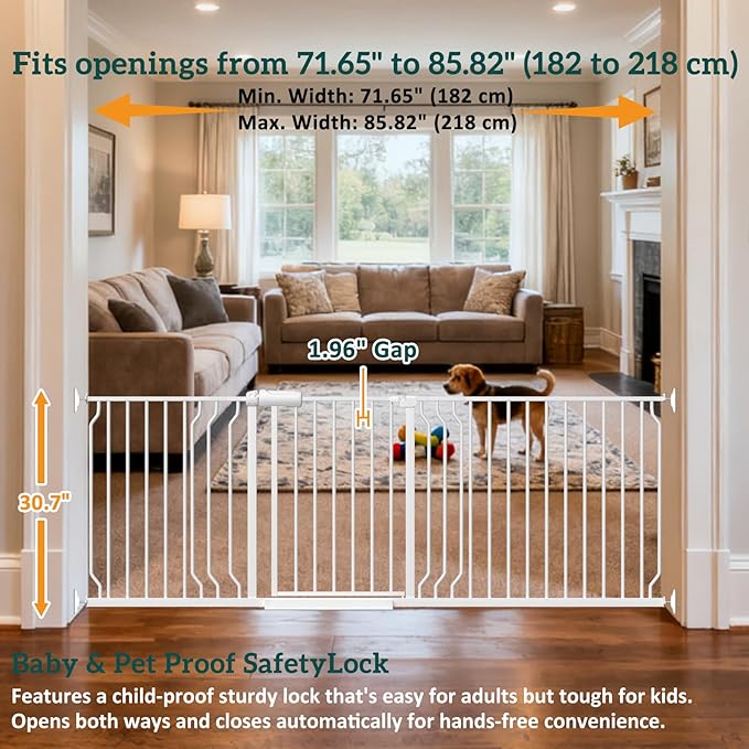 Extra Wide Baby Gates for Doorways 71.65"-85.82" Extra Wide Baby Gate Dog gate Pressure Mounted No Drilling with Walk-Through, Auto-Close & Dual-Direction Swing for Large Wide Opening White