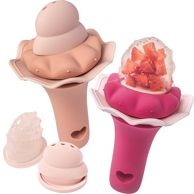 Moonkie Baby Fruit Feeder, BPA Free Silicone Food Feeder for Infant Self Feeding, Mesh Feeder with Two Pouches, Baby Shower Gifts 4 Months+, 2 Pack (Without Freezer Tray)