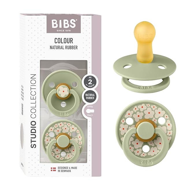 BIBS Pacifiers - Studio 2 Pack | Round Nipple Baby Pacifier | BPA Free Natural Rubber Latex Soother | Made in Denmark | Size 6+ Months | Jasmine Sage