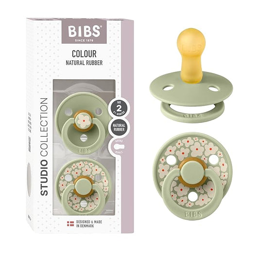 BIBS Pacifiers - Studio 2 Pack | Round Nipple Baby Pacifier | BPA Free Natural Rubber Latex Soother | Made in Denmark | Size 6+ Months | Jasmine Sage