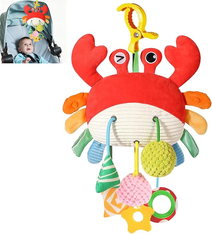 Car Seat Toys for Babies 0–12 Months, Hanging Infant Plush Rattle Toy with Mirror & Crinkle Clip-On Activity Toy for Car Seat, Stroller, Crib & Play Gym Baby Gift for Boys & Girls