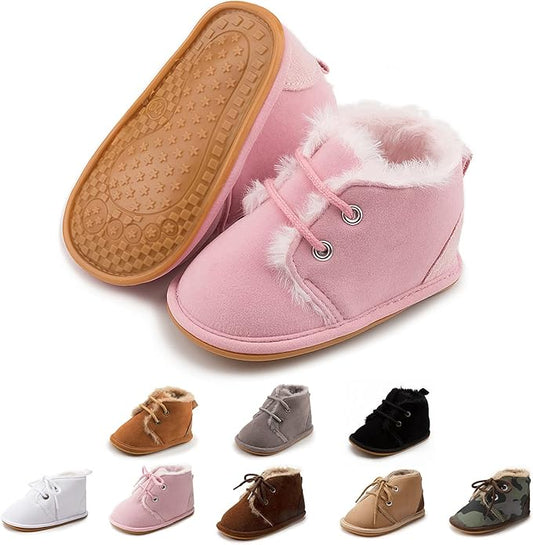 Baby Unisex Warm Snow Boots Newborn Leather Fur Lace Up Ankle Anti-Slip Rubber Texture Sole Toddler Prewalker Winter Crib Shoes