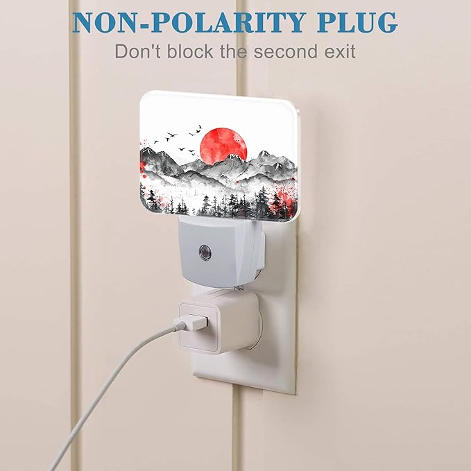 Mountains and Red Sun Night Light Ink Painting Nightlight Plug into Wall with Dusk to Dawn Sensor for Kid Girls Boys Women Men Room, Hallway, Kitchen, Bathroom, Stairs Decor