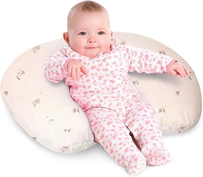 Little Grape Land Nursing Pillow, Soft 100% Cotton Breastfeeding Pillow with Breathable Muslin Cotton Removable Cover, Fog Flower Breast Feeding Pillows for Babies 0-12 Months with Protective Zipper